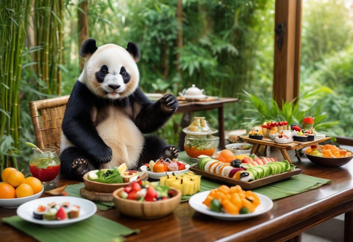 A charming scene of a cute panda sitting at a beautifully set dining table, surrounded by an array of gourmet dishes, colorful fruits, and a cushioned bamboo chair. In the background, lush green bamboo forests add to the ambiance, while various quick meal options like sushi and sandwiches are artistically arranged. Soft sunlight filters through the leaves, casting warm highlights on the panda and food. whimsical, vibrant colors, super-realistic.