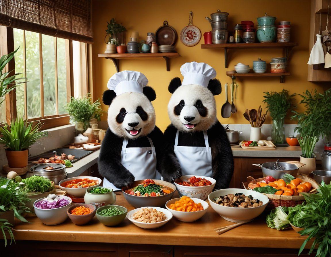 A whimsical scene featuring a panda chef in a cozy kitchen, playfully preparing vibrant dishes from quick meals to gourmet treats. The counter is filled with colorful ingredients, plates artfully arranged with delicious panda-themed cuisine, and a steaming bamboo steam basket. The background features bamboo plants and a warm ambiance, creating a delightful culinary atmosphere. soft focus, vibrant colors, illustration.